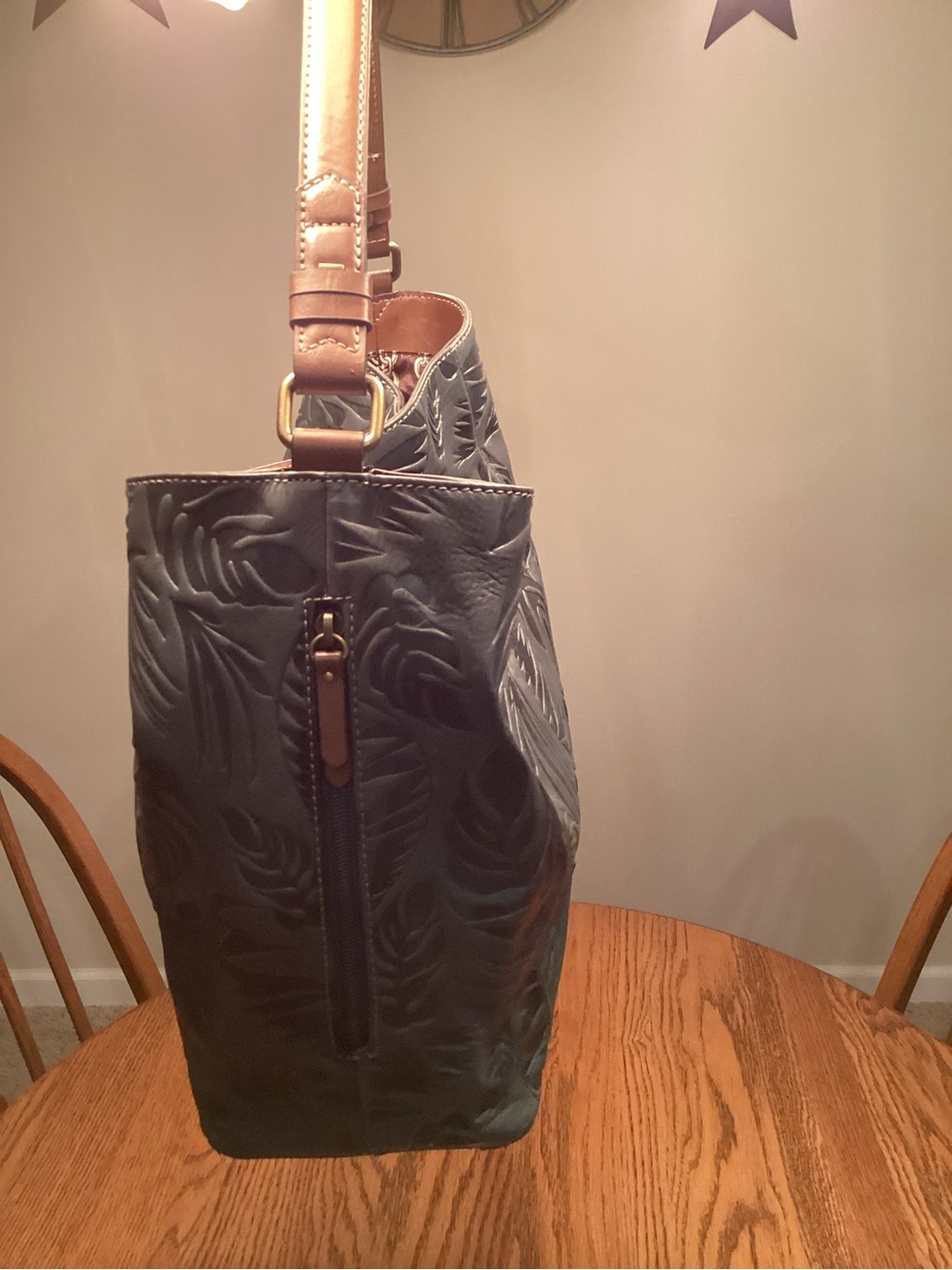 Tignanello Leather  Embossed Leaf Tote in Teal with Brown Trim - Picture 4 of 8